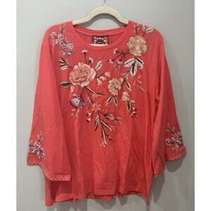 NWT CORAL EMBROIDERED Vienna Kimono Sleeve TUNIC BLOUSE JOHNNY WAS Boho XL